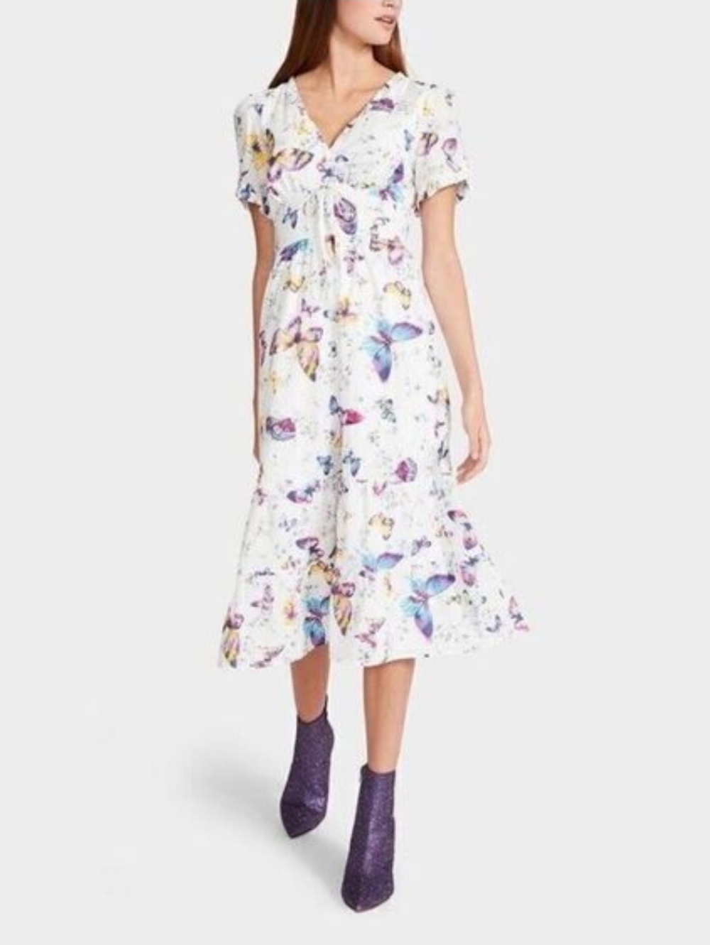 Betsey Johnson Butterfly Dance Midi Dress Floral White Size XS Whimsical Garden